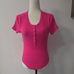 Women's Pink Button-Up Ribbed Bodysuit